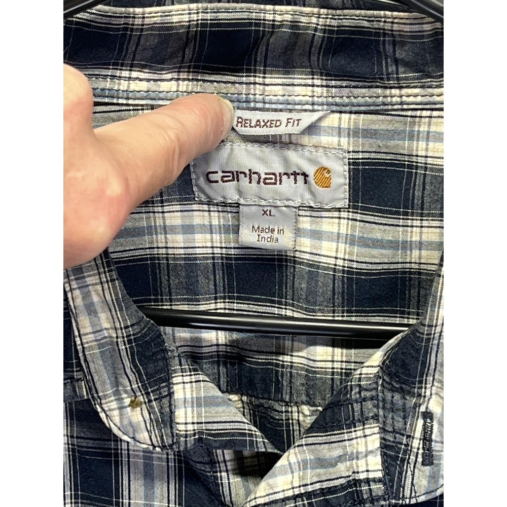 Carhartt Navy Blue White Men's Plaid Button Down Short Sleeve Cotton Shirt XL - Picture 3 of 10